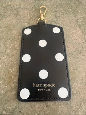 kate spade Black and White Polka Dot Leather Badge ID Card Holder with Gold Clip